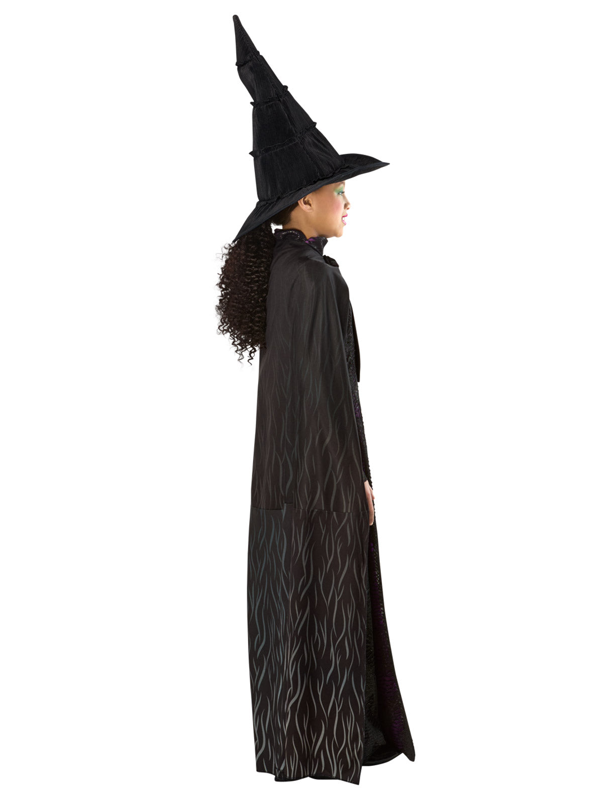 Back view of the Elphaba premium dress and long black cape with the witch hat on