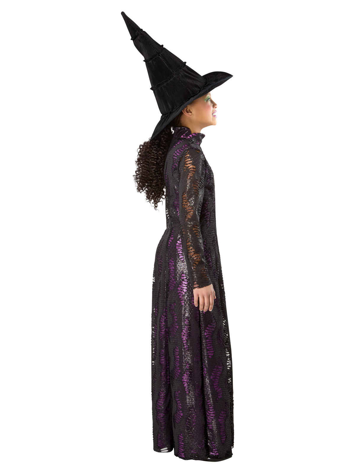Side view of the Elphaba premium costume with a high collar and witch hat