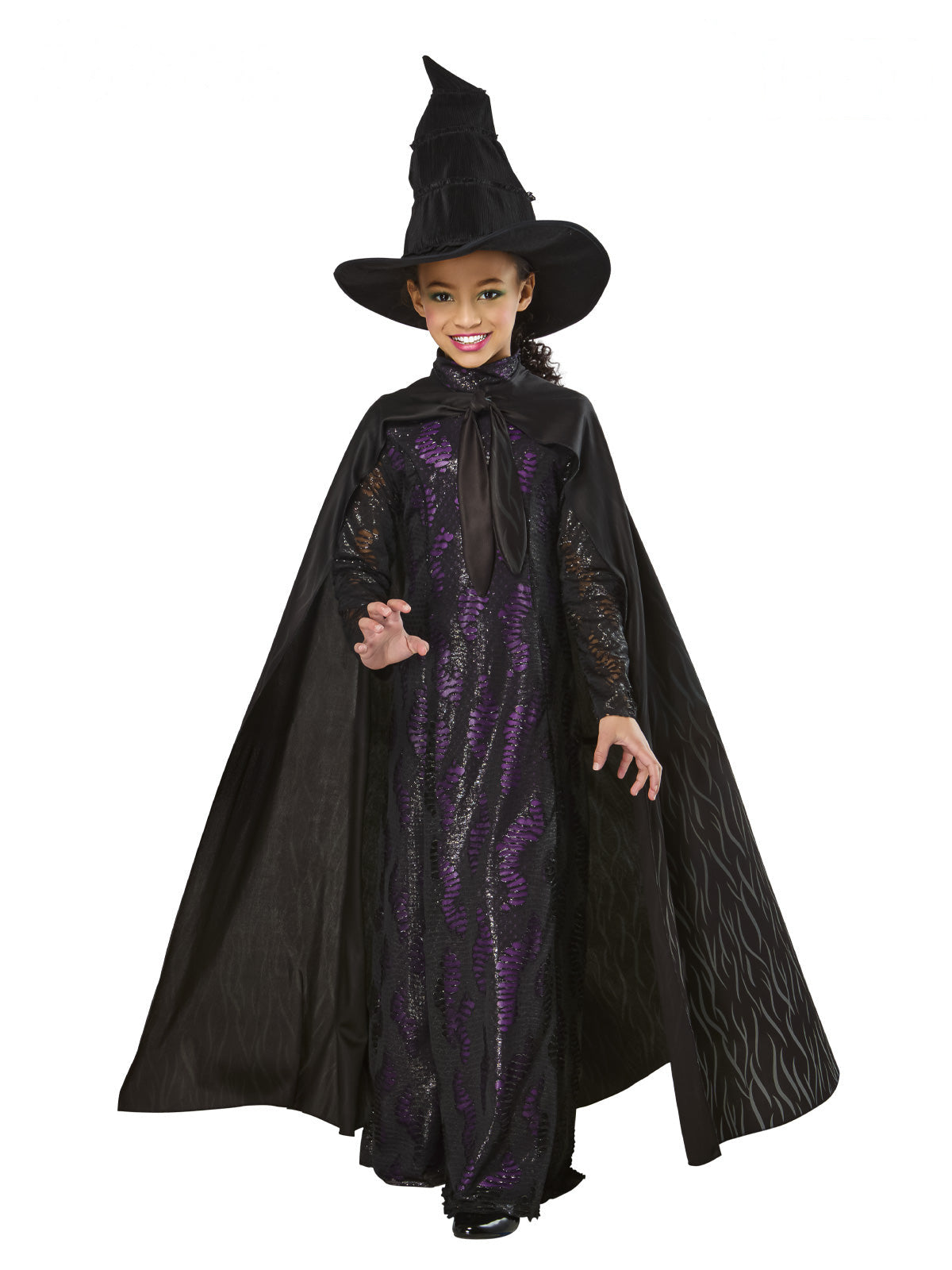Girl in the premium Wicked Elphaba costume with a black lacy dress, long cape and tall witch hat