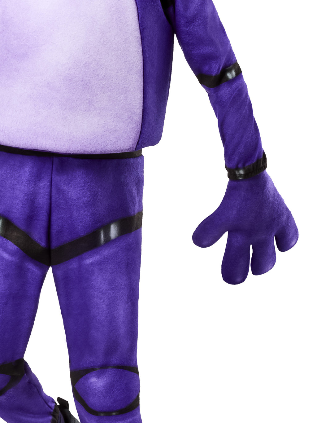 Close-up of the Bonnie costume's purple jumpsuit with printed joints and oversized mitt