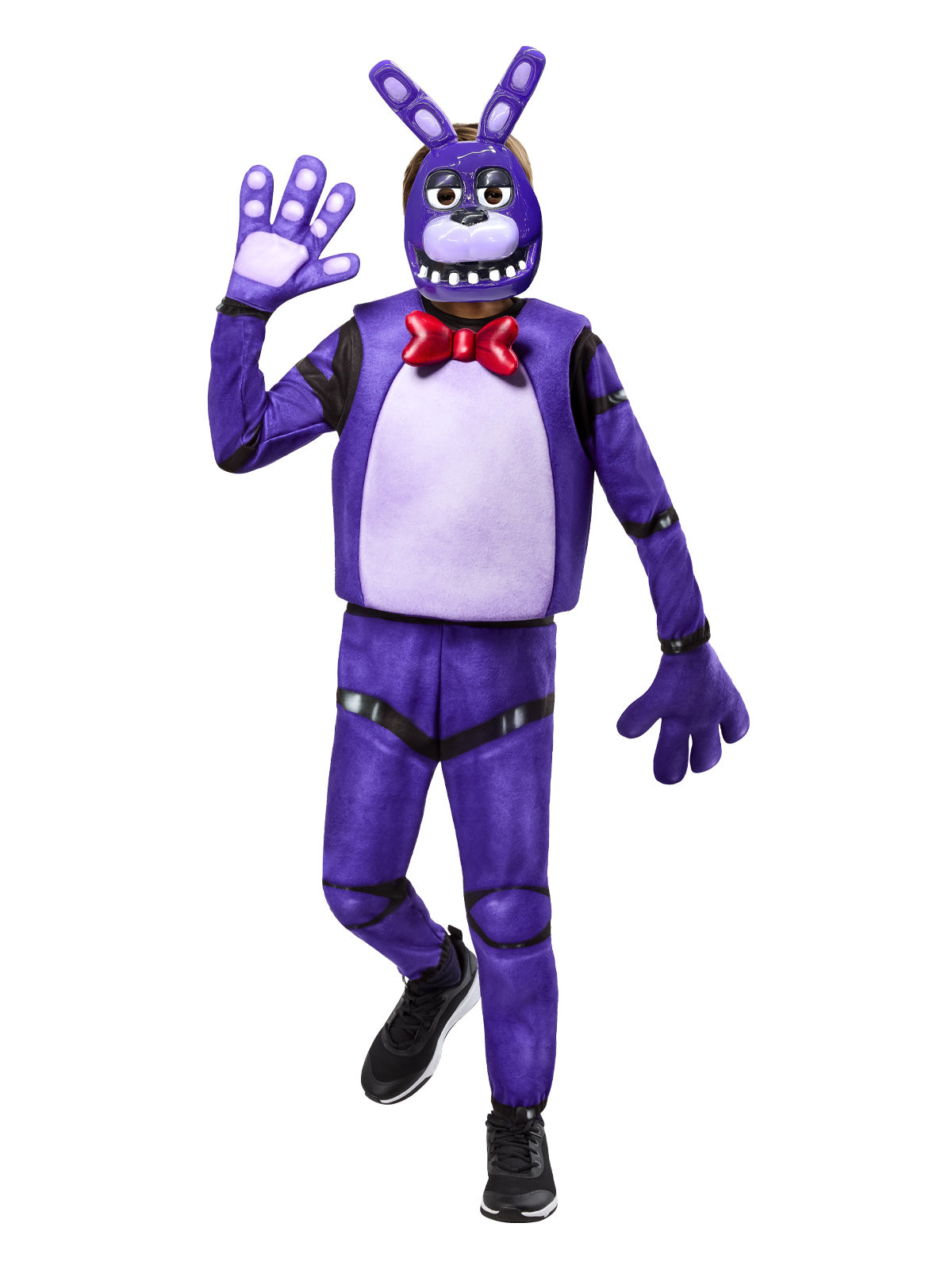 Child in Five Nights at Freddy's Bonnie costume with purple jumpsuit, red bow tie, mitts and mask