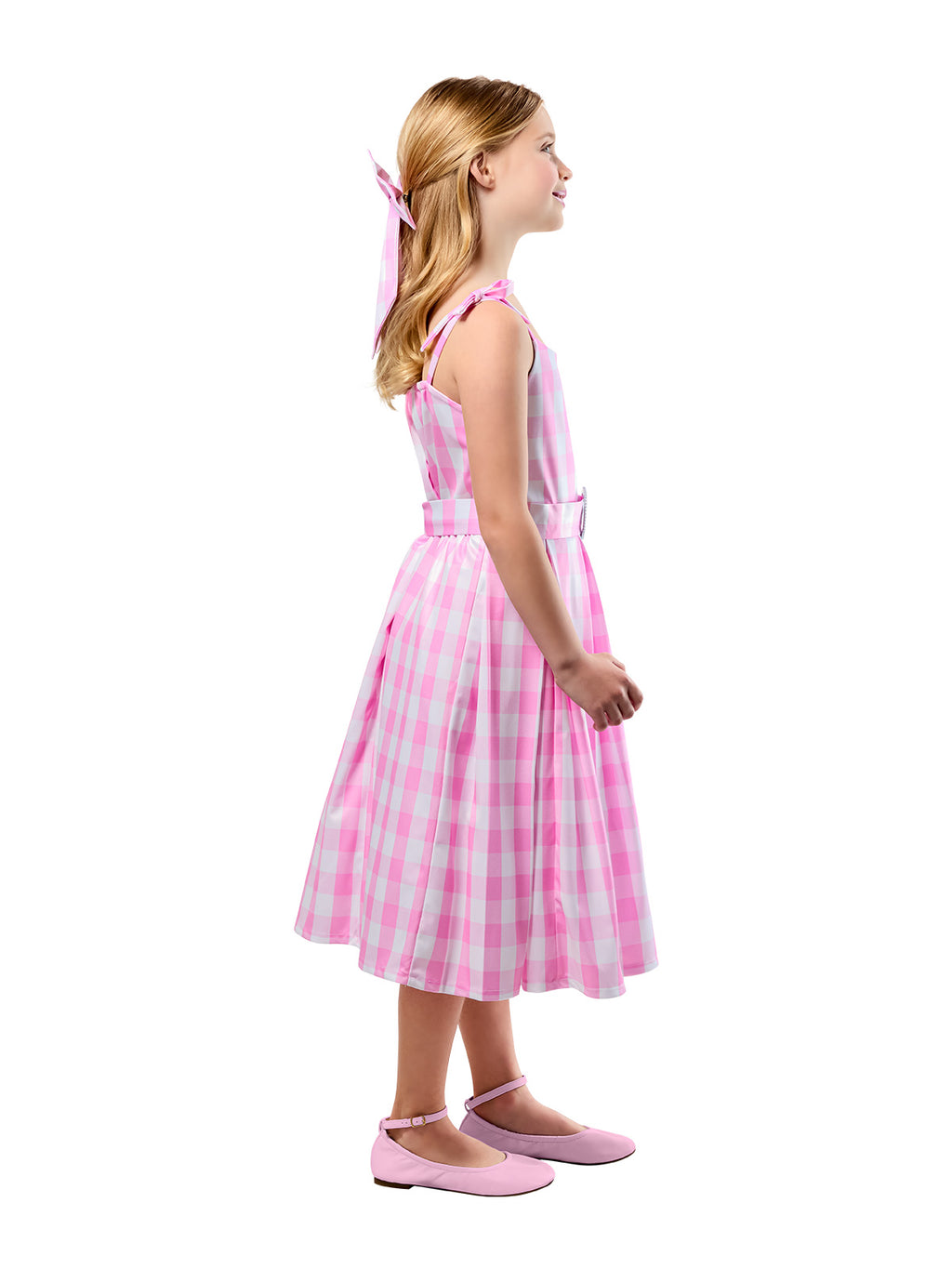 Side view of the Barbie pink chequered dress with a matching hair bow