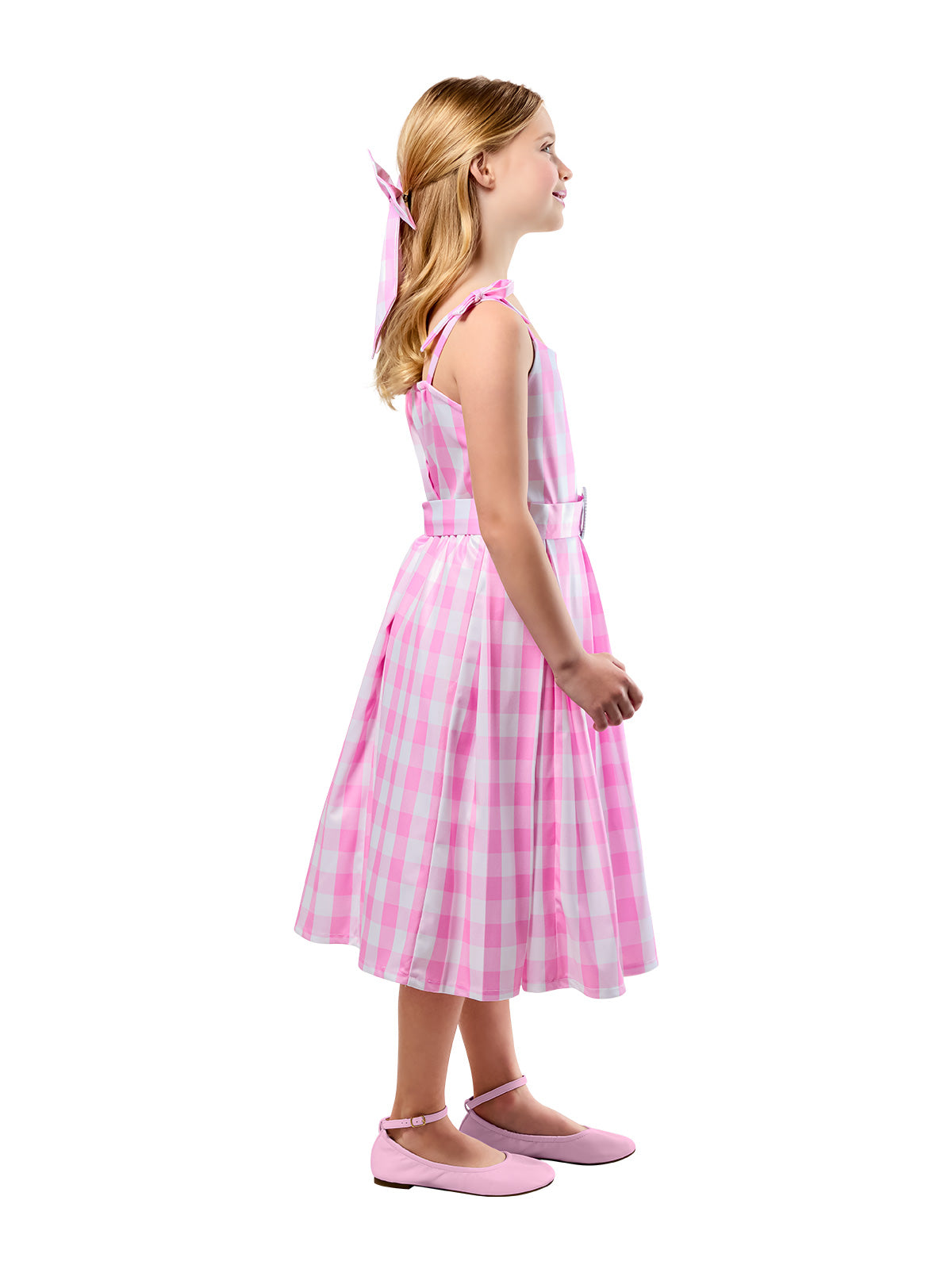 Side view of the Barbie pink chequered dress with a matching hair bow