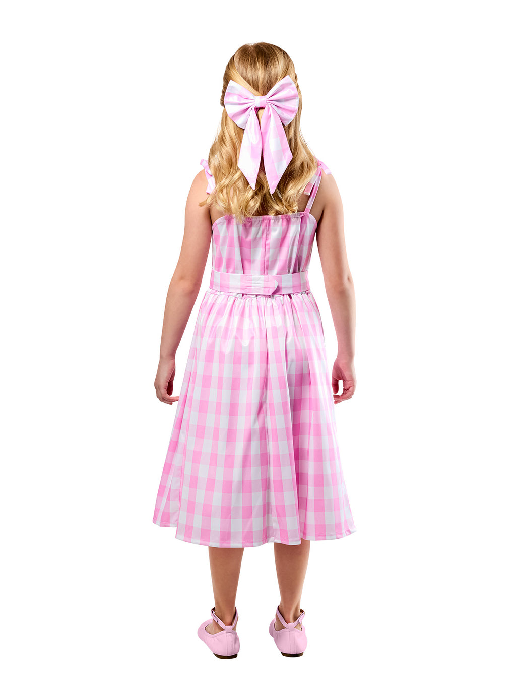 Back view of the Barbie chequered dress with a large pink hair bow