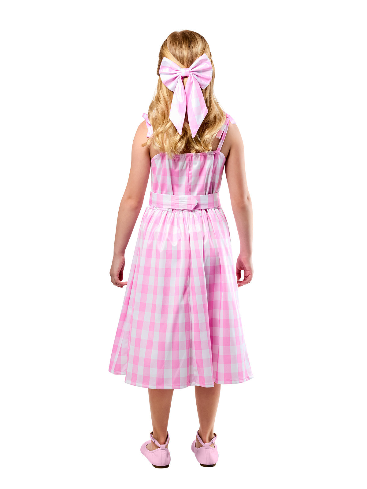 Back view of the Barbie chequered dress with a large pink hair bow
