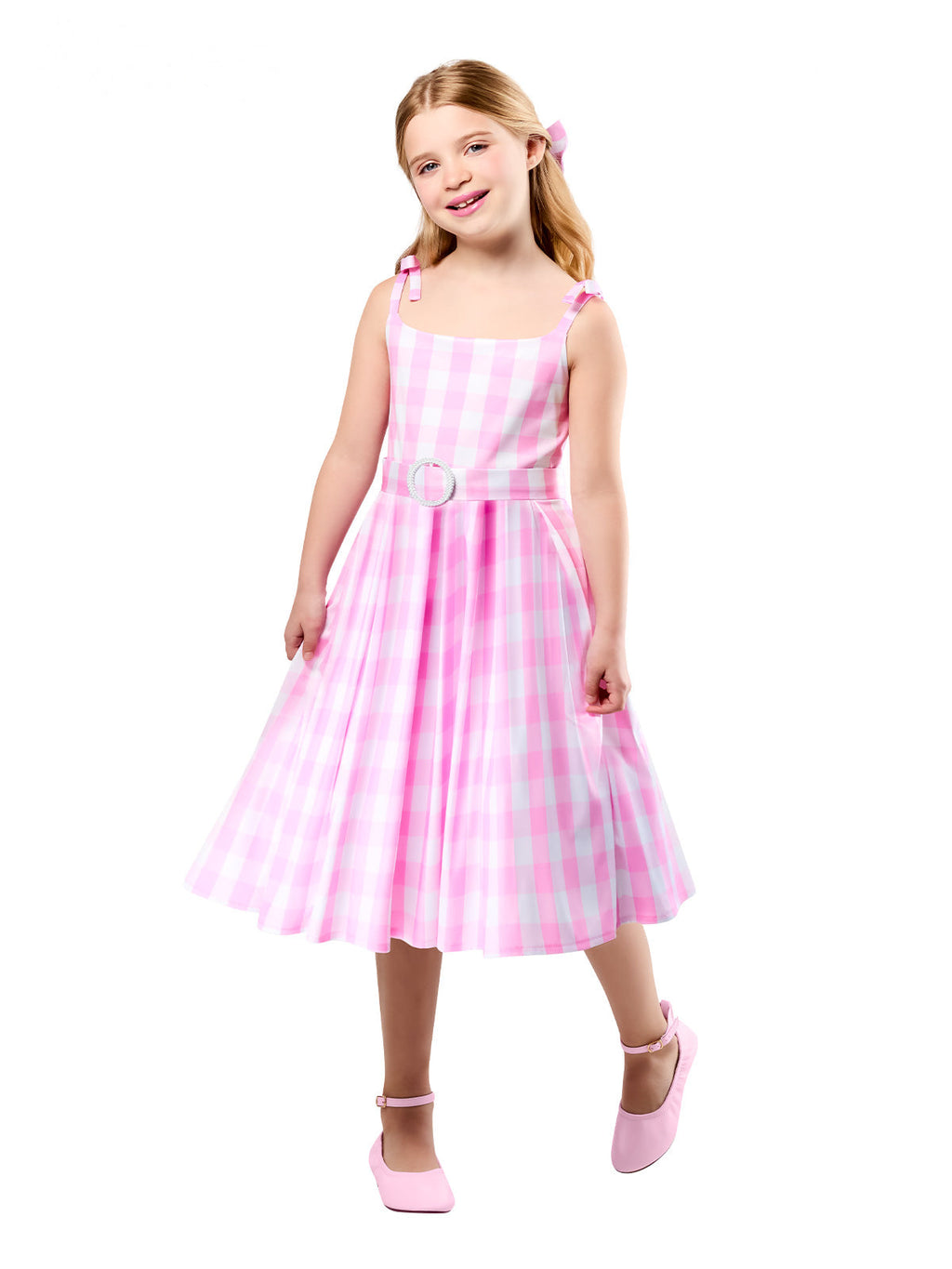 Girl in the Perfect Day Barbie pink and white chequered dress with bow-trimmed straps