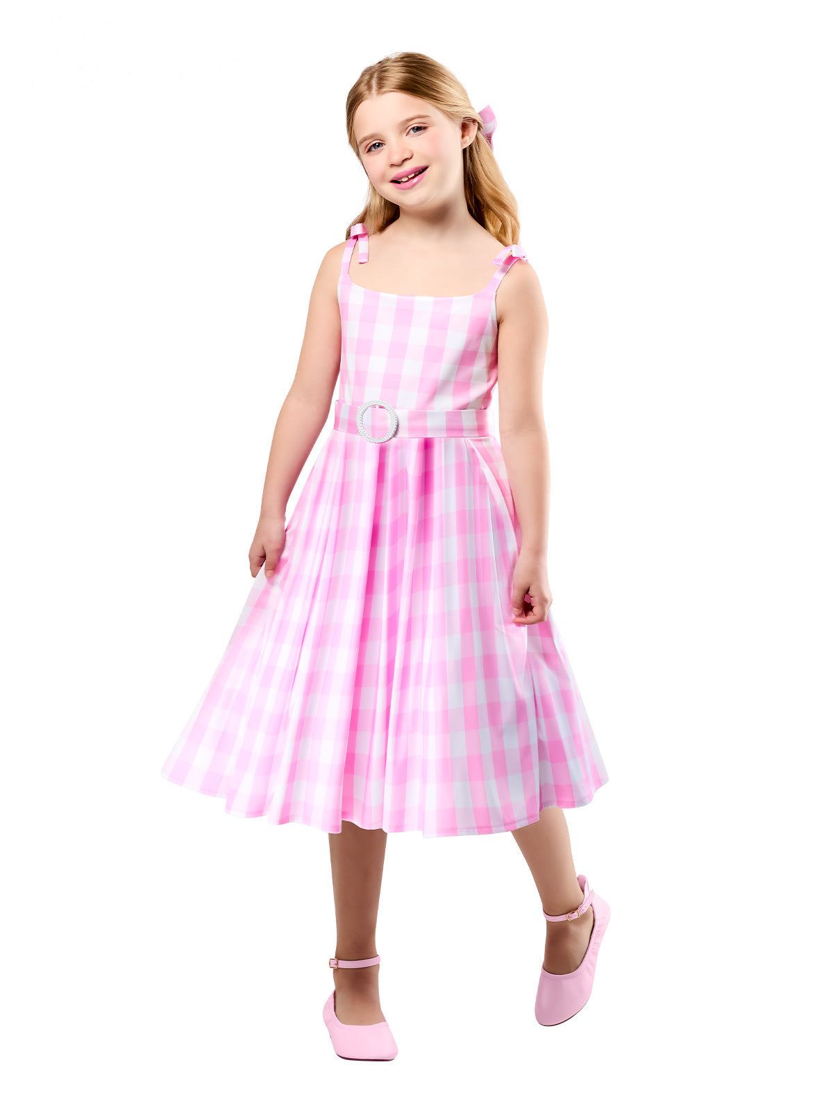 Girl in the Perfect Day Barbie pink and white chequered dress with bow-trimmed straps