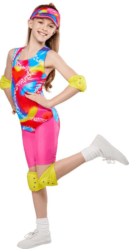 Girl posing in the Barbie rollerskate leotard with yellow elbow and knee pads and a colourful visor