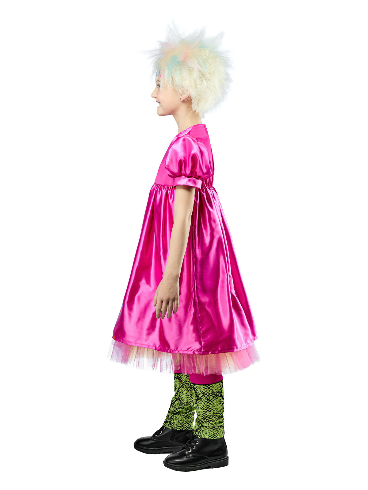 Weird Barbie dress with puff sleeves and tulle hem shown from the front
