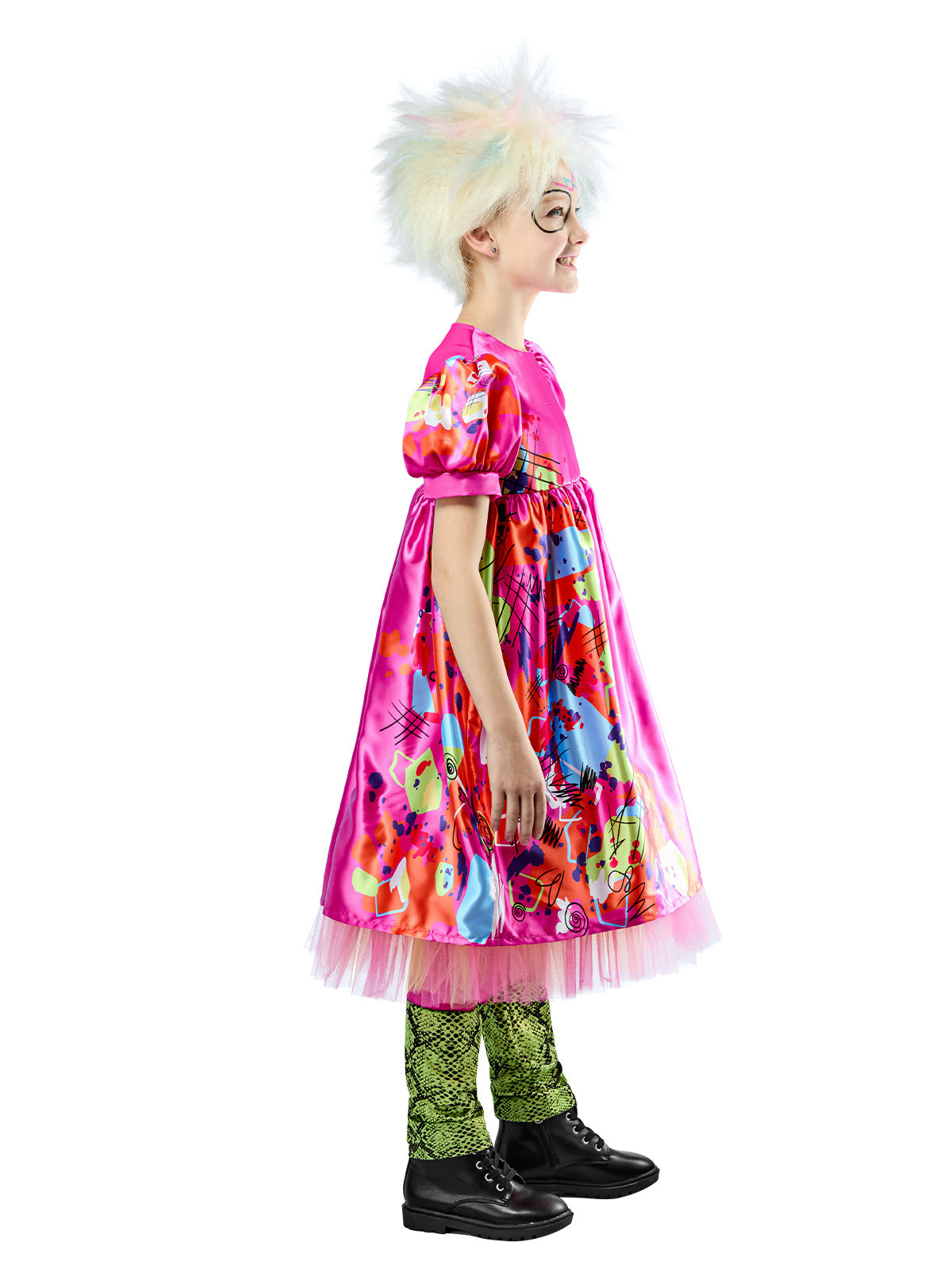 Side view of the pink Weird Barbie dress with colourful printed graphics