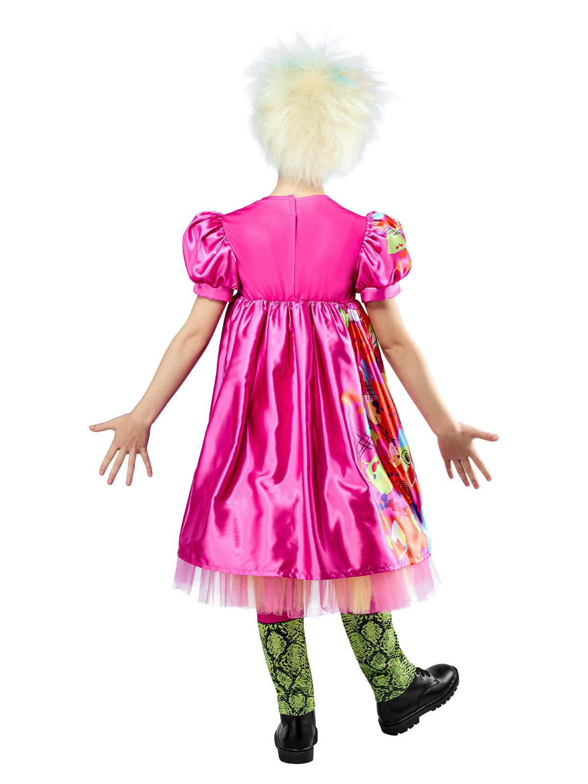 Back view of the Weird Barbie dress with puff sleeves and a tulle hem
