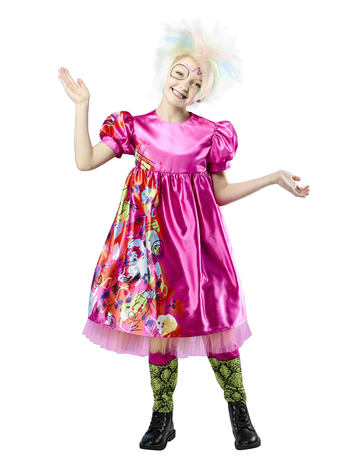 Girl in the Weird Barbie costume with a bright pink satin puff-sleeve dress and green striped leggings