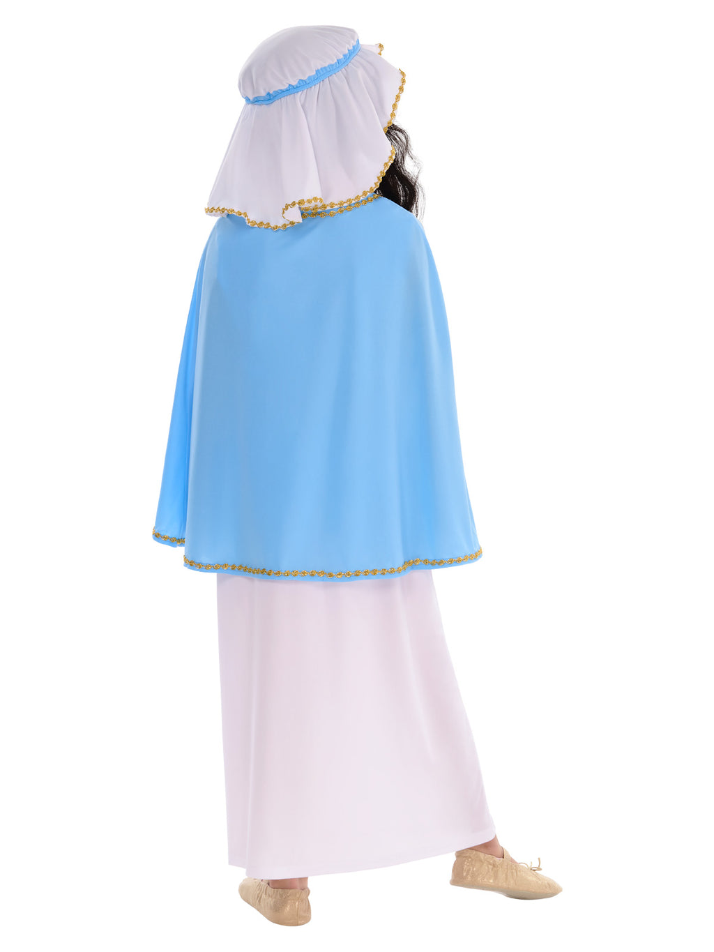Back view of the Mary Deluxe light blue cape and white head covering