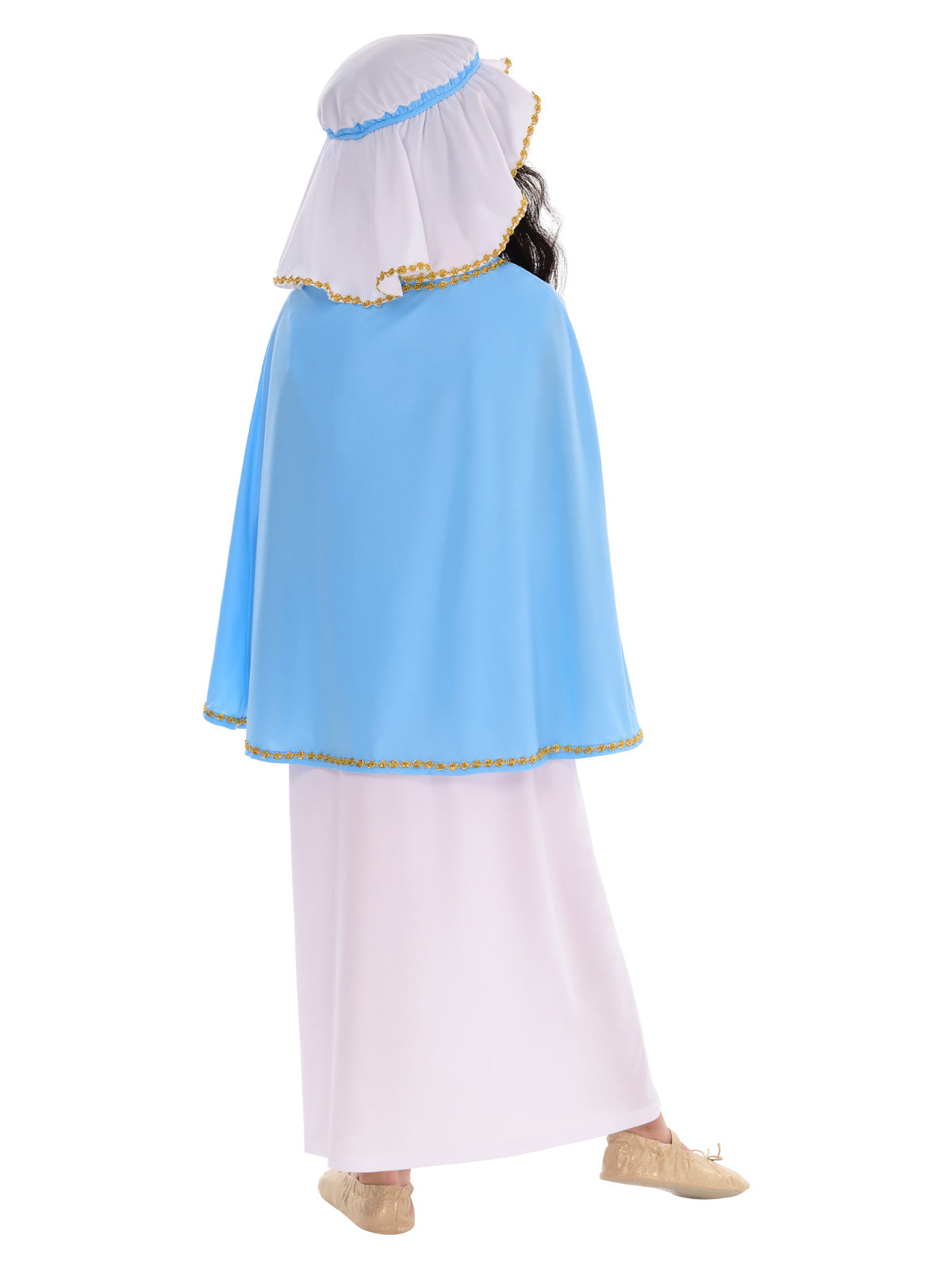 Back view of the Mary Deluxe light blue cape and white head covering