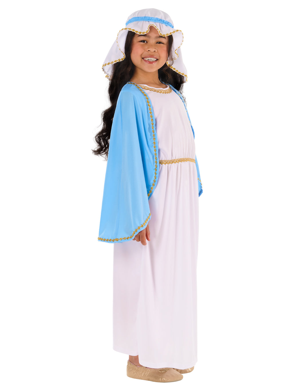 Three-quarter view of the Mary Deluxe costume with blue cape and gold-trimmed white gown