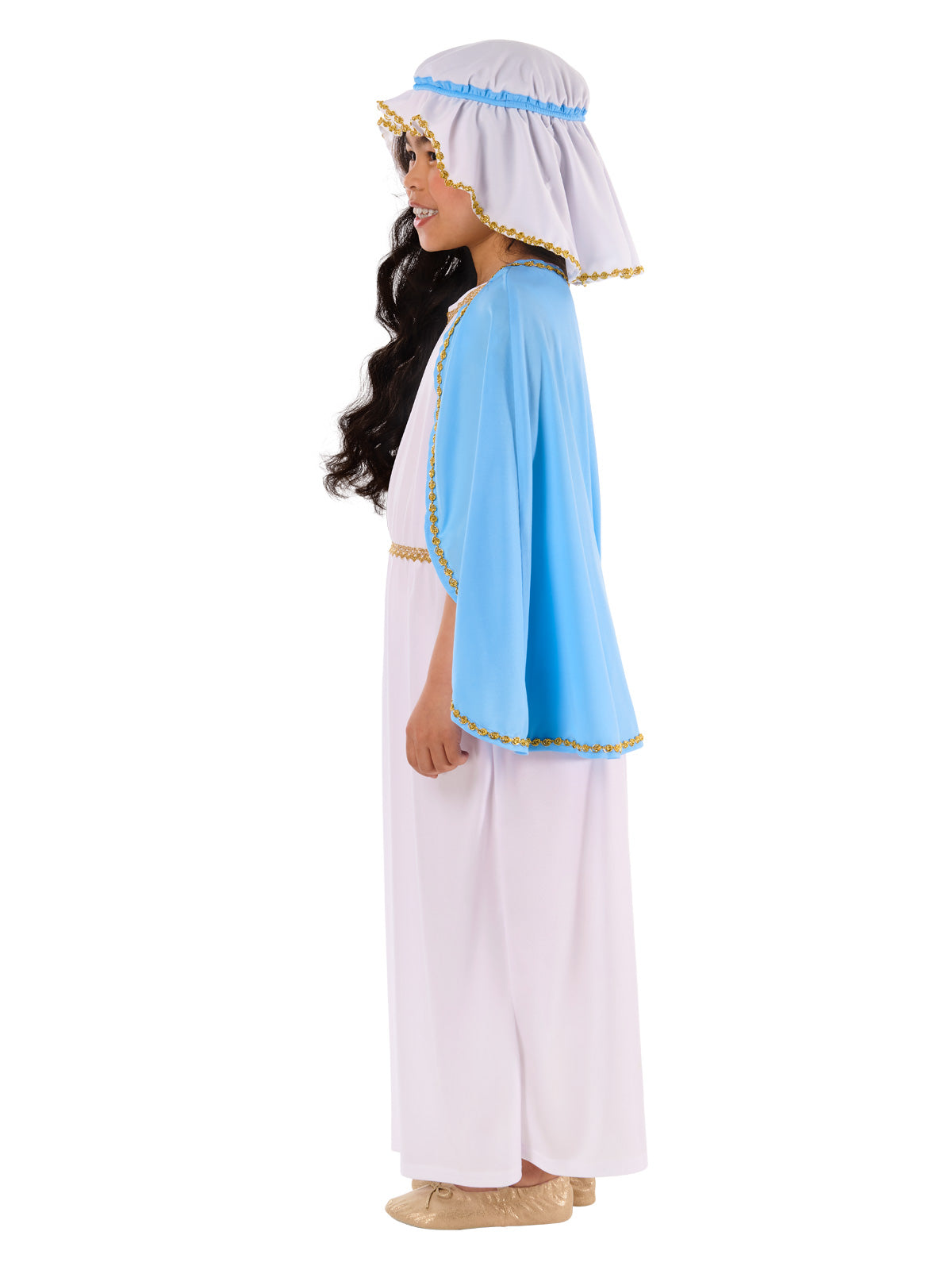Side view of the Mary Deluxe white robe, blue cape and white headdress