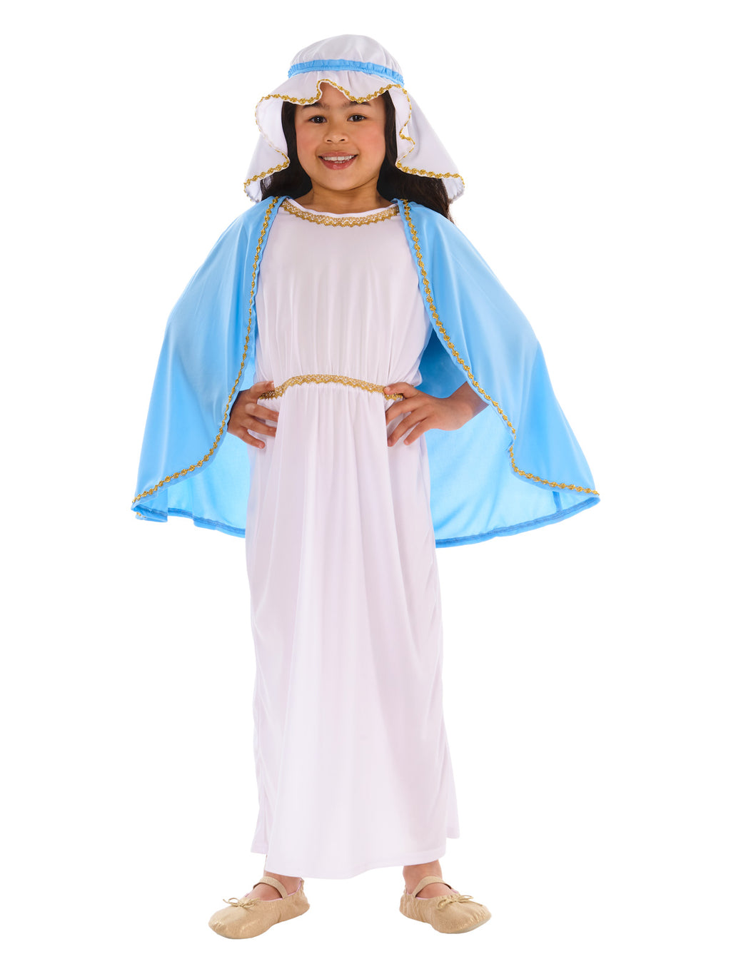 Front view of the Mary Deluxe costume with the pale blue cape open over the long white robe