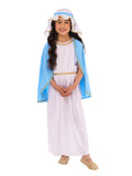 Girl in the Mary Deluxe nativity costume with a long white robe, light blue cape and white headdress