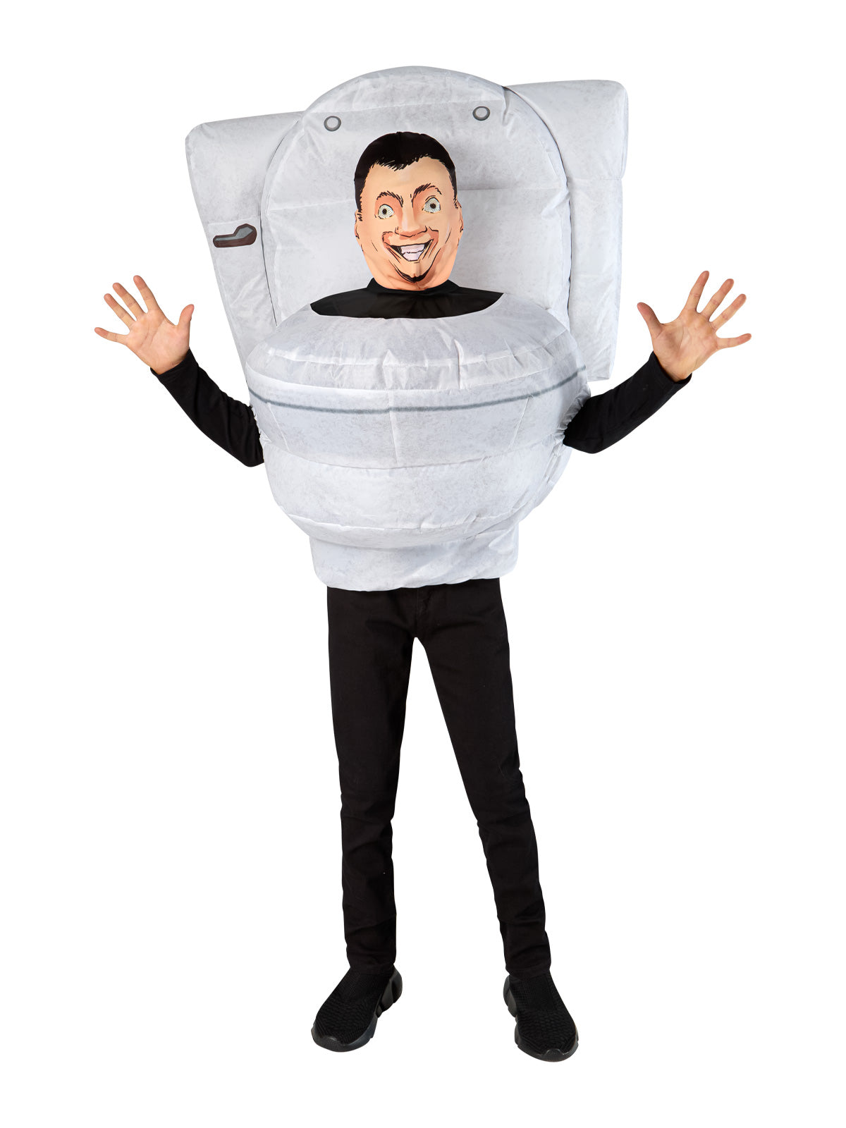 Child in the Skibidi Toilet inflatable with arms out, head mask showing above the bowl