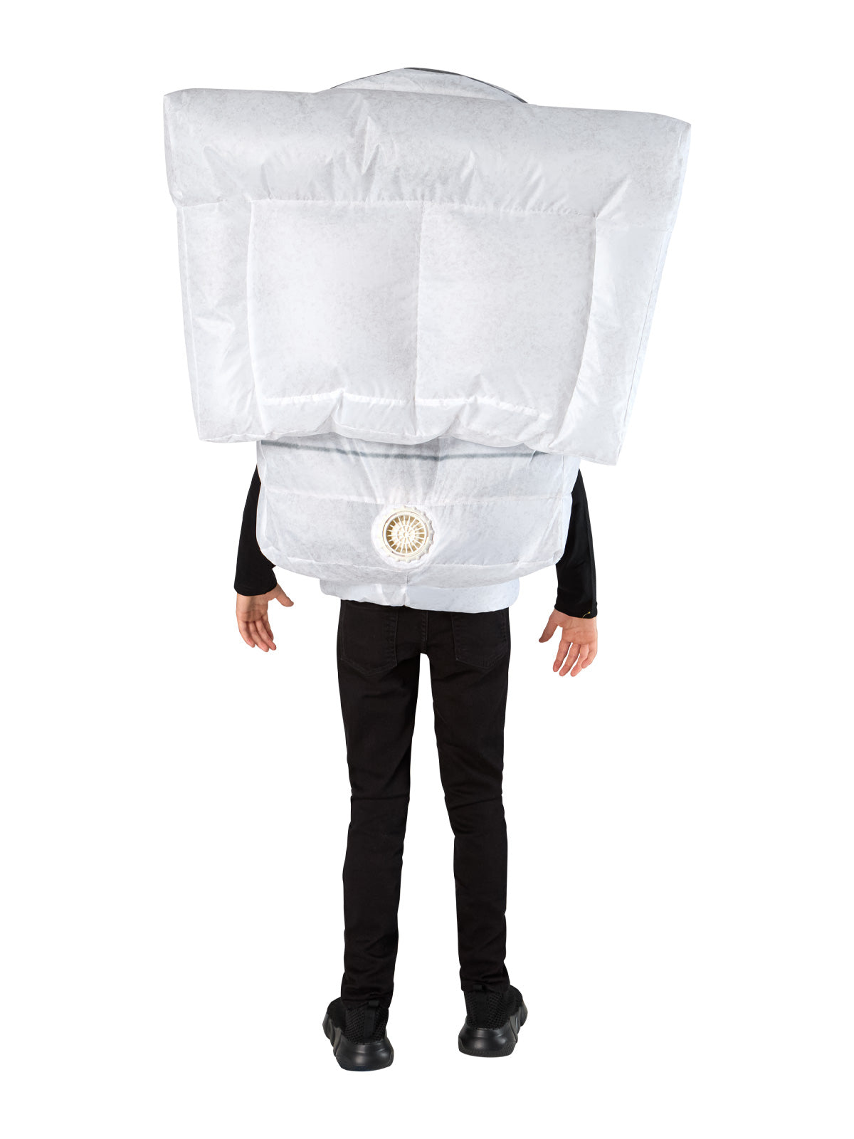 Back view of the inflatable Skibidi Toilet costume showing the tank and battery pack