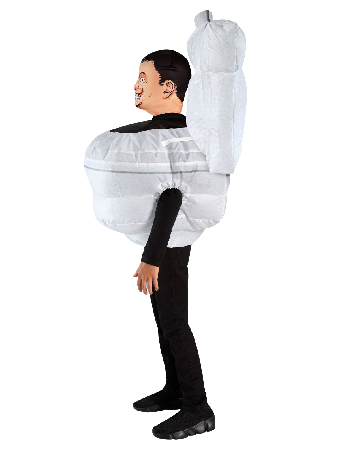Side view of the inflatable Skibidi Toilet costume with the tank at the back and head mask in the bowl