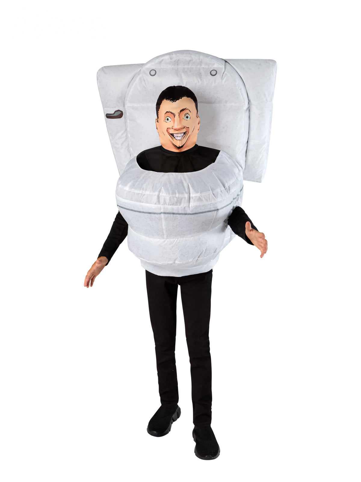 Child in the inflatable Skibidi Toilet costume with a printed head mask in the bowl, black pants and shoes