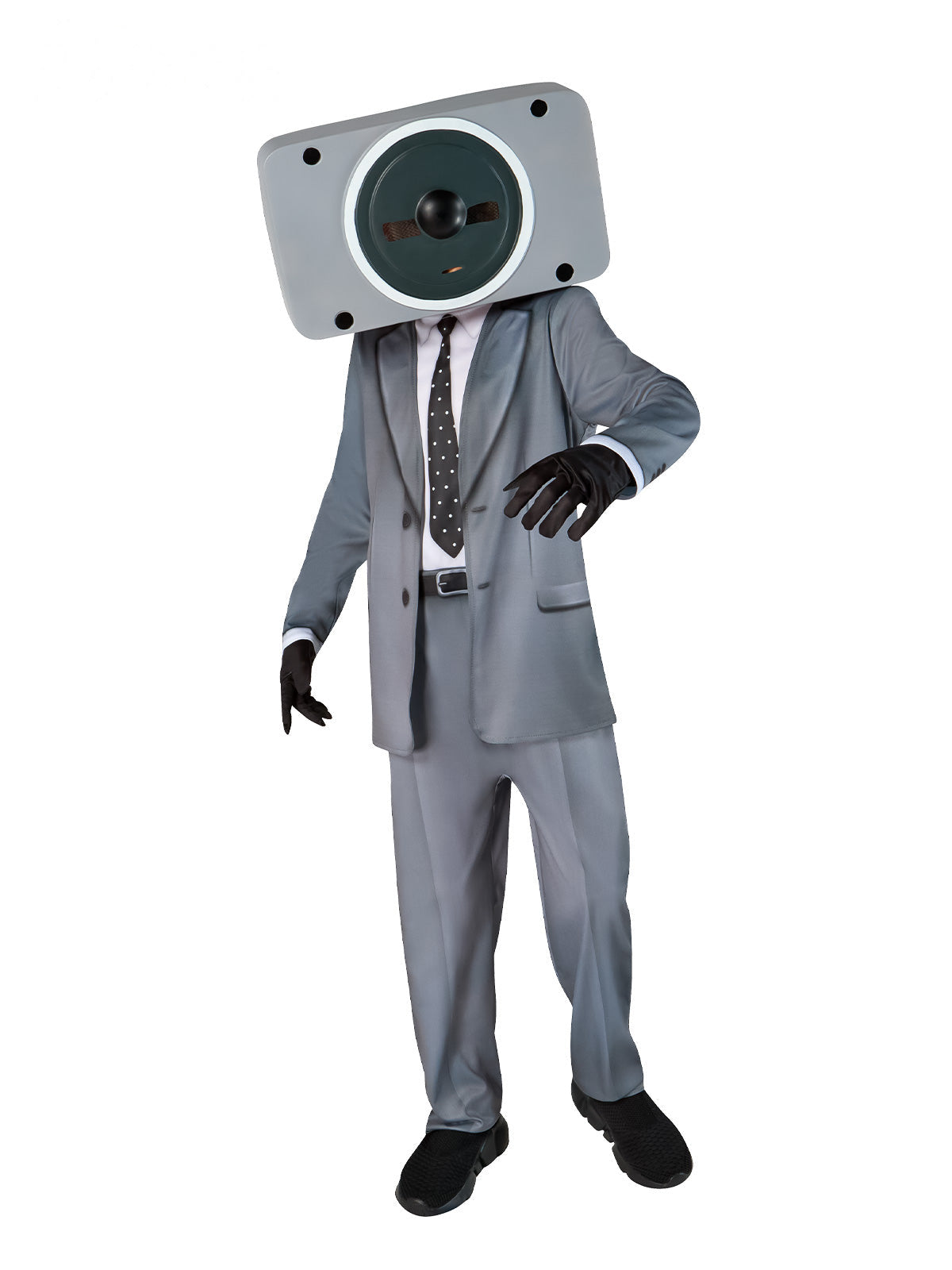 Boy in the Skibidi Toilet Speakerman costume with a grey suit jumpsuit, black gloves and a speaker mask