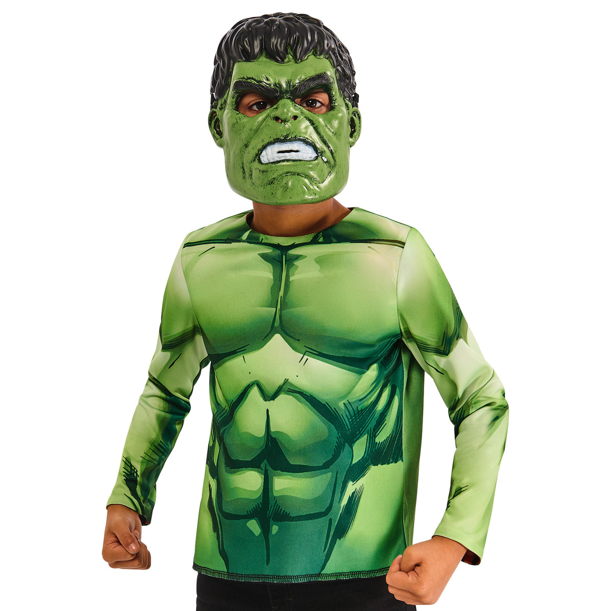 Boy in the green Hulk muscle top with green Hulk mask