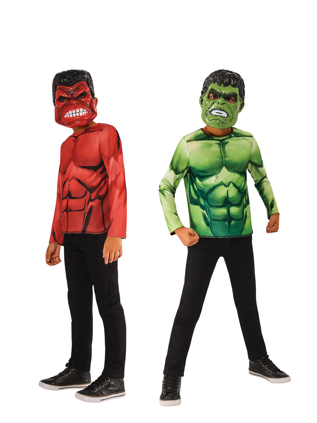 Boys in the Red Hulk and Green Hulk reversible tops with masks and black pants