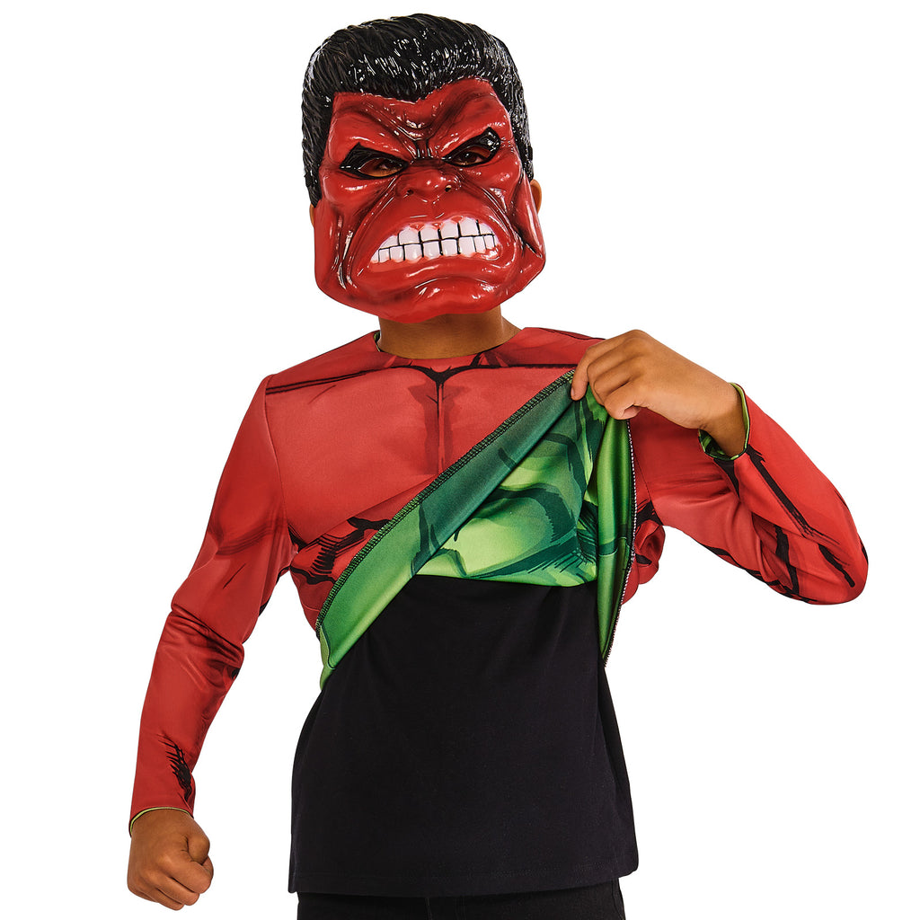 Boy flipping the reversible top from the red Red Hulk side to green, with Red Hulk mask