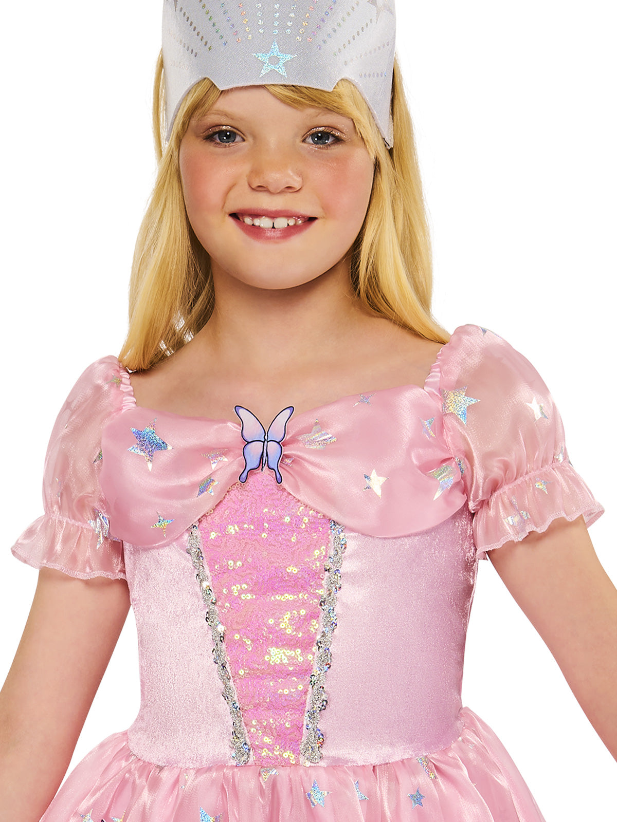 Close-up of the Glinda felt fleur-de-lis crown and puffed sleeves