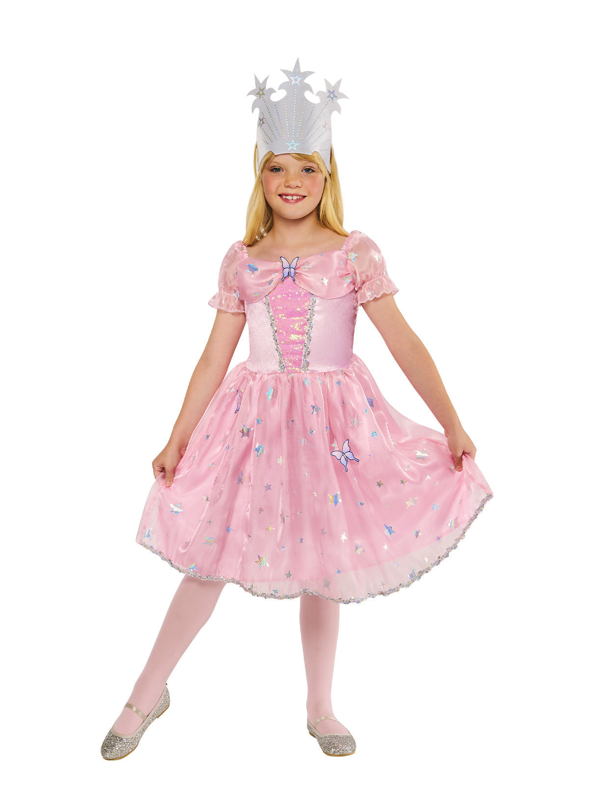 Girl in a Glinda pink dress with tulle overlay, felt butterflies and sparkly crown (stockings not included)