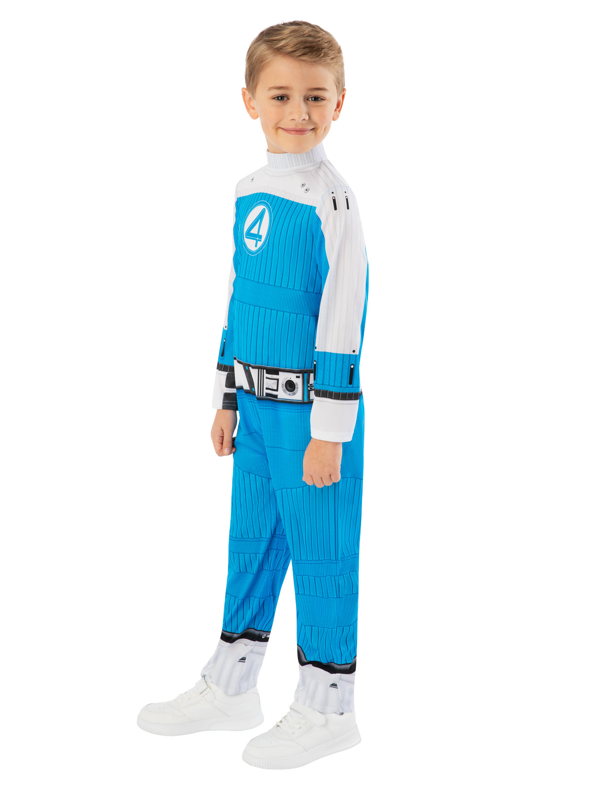 Boy side-on in the Human Torch jumpsuit with high white collar