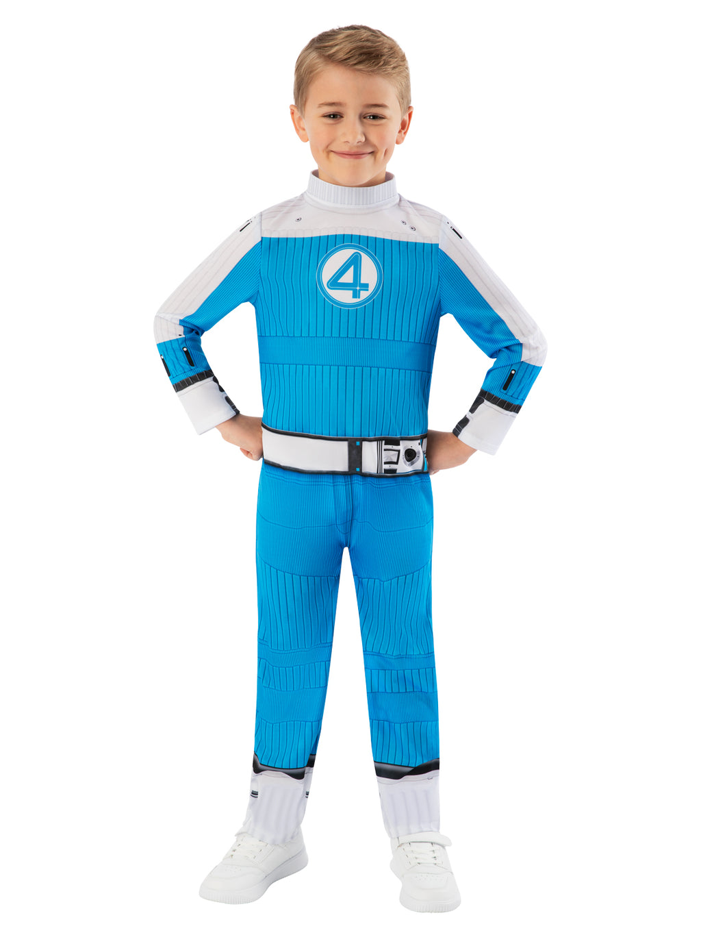 Boy with hands on hips in the Fantastic Four Human Torch jumpsuit