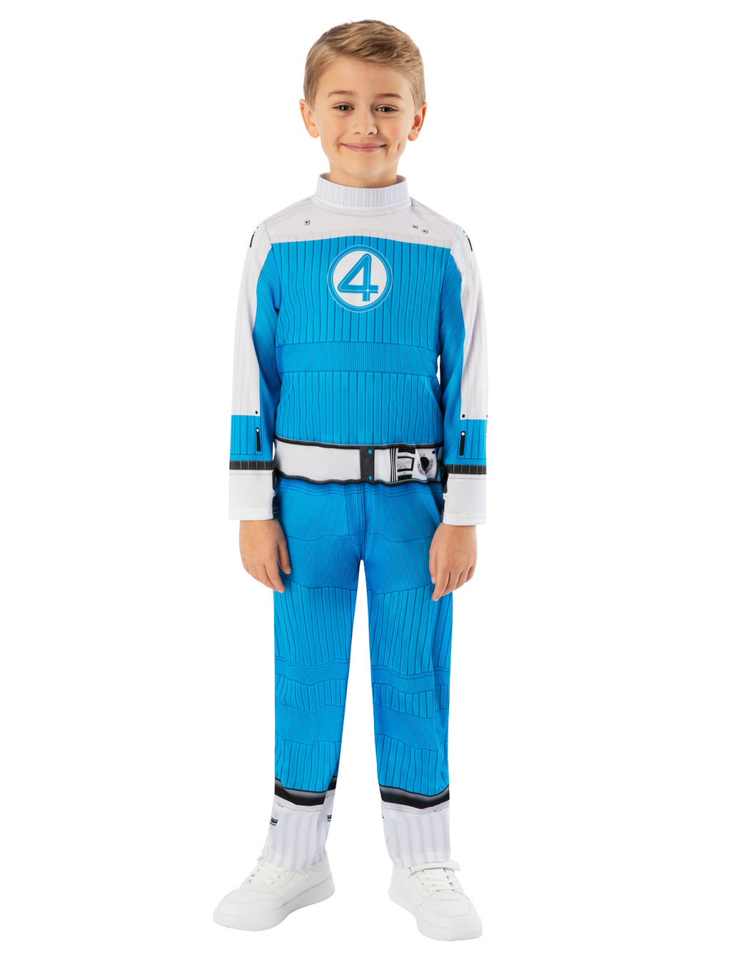 Boy standing in the Human Torch blue jumpsuit with printed belt