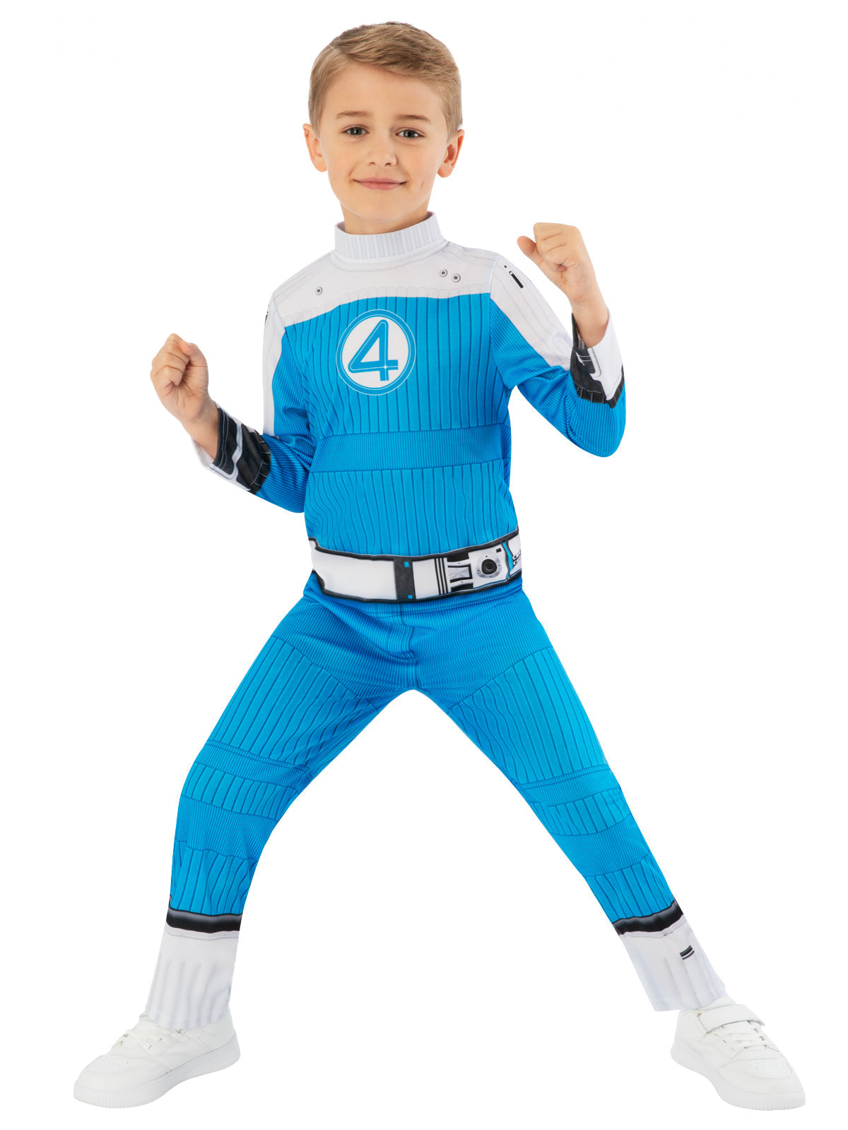 Boy in a Fantastic Four Human Torch blue jumpsuit with 4 logo and printed belt