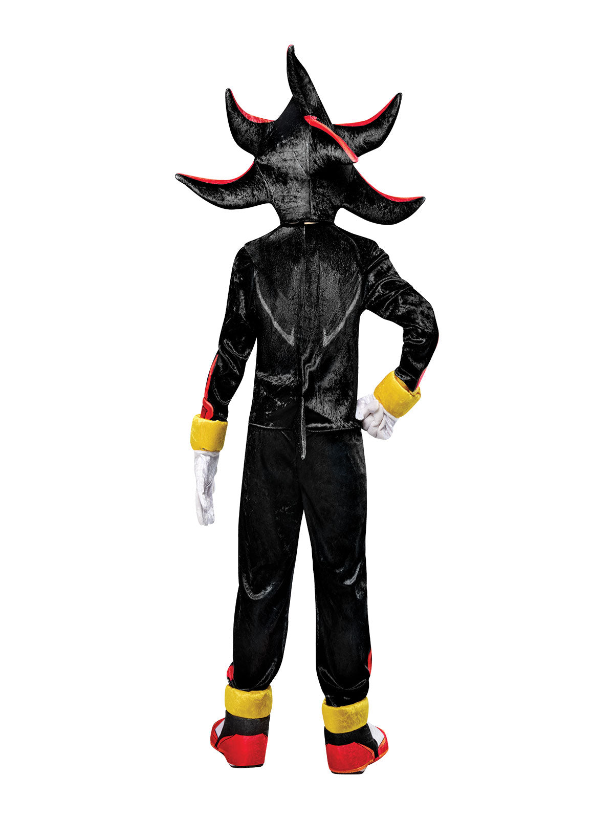 Back view of the Shadow the Hedgehog costume with a black plush jumpsuit and red-tipped hood spikes