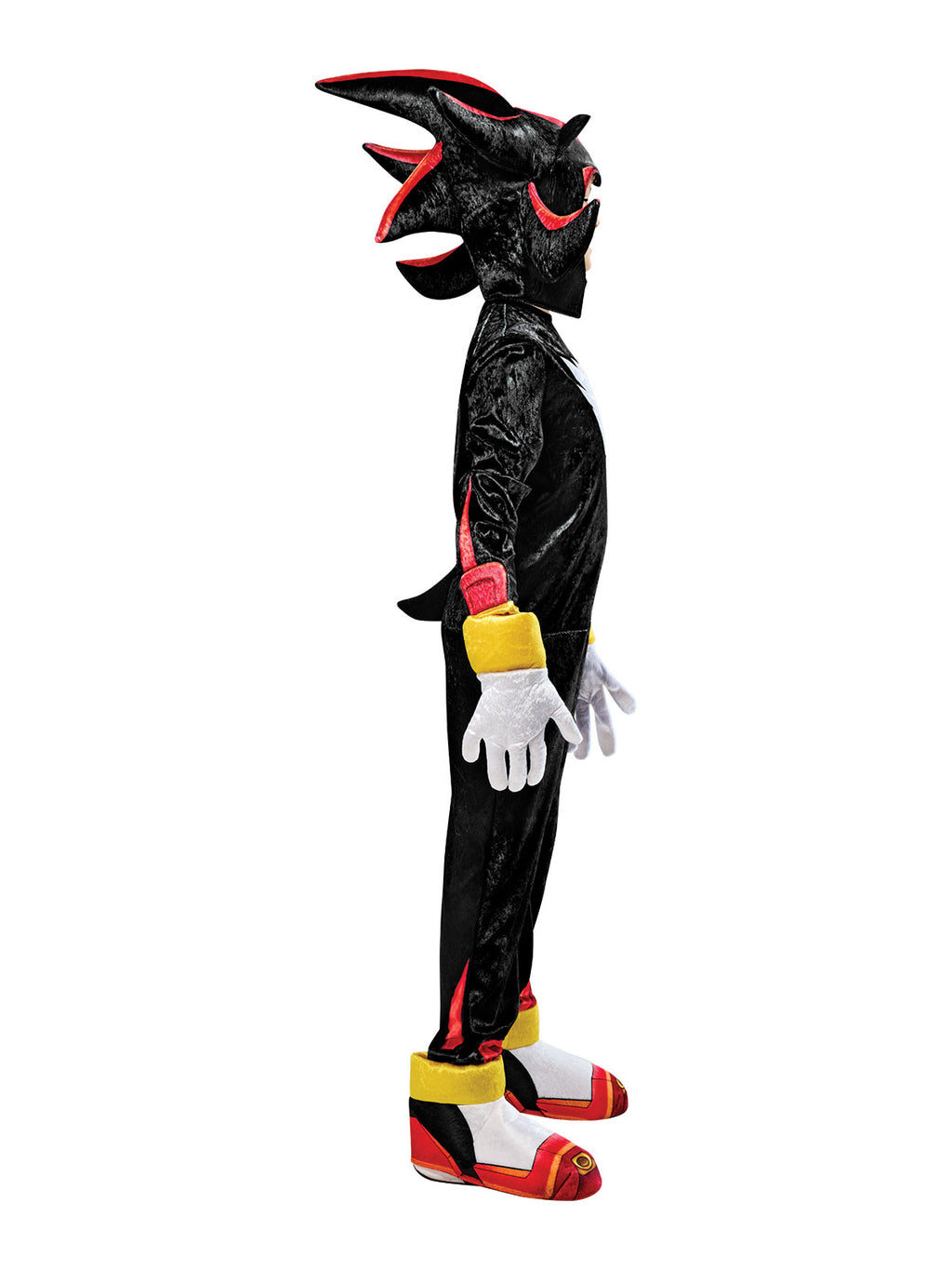 Side view of the Shadow costume with red and yellow cuffs, white gloves and a spiked hood