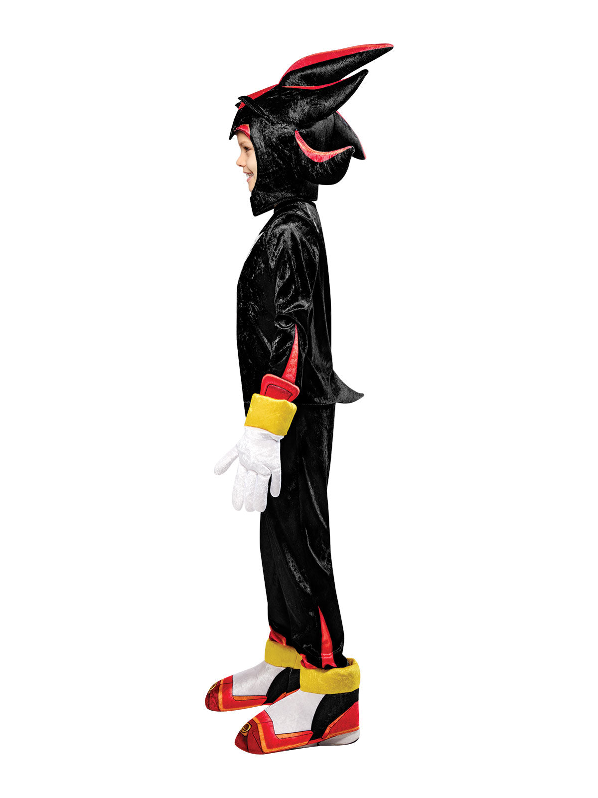 Side view of the Shadow the Hedgehog jumpsuit and hood with red-striped boot tops
