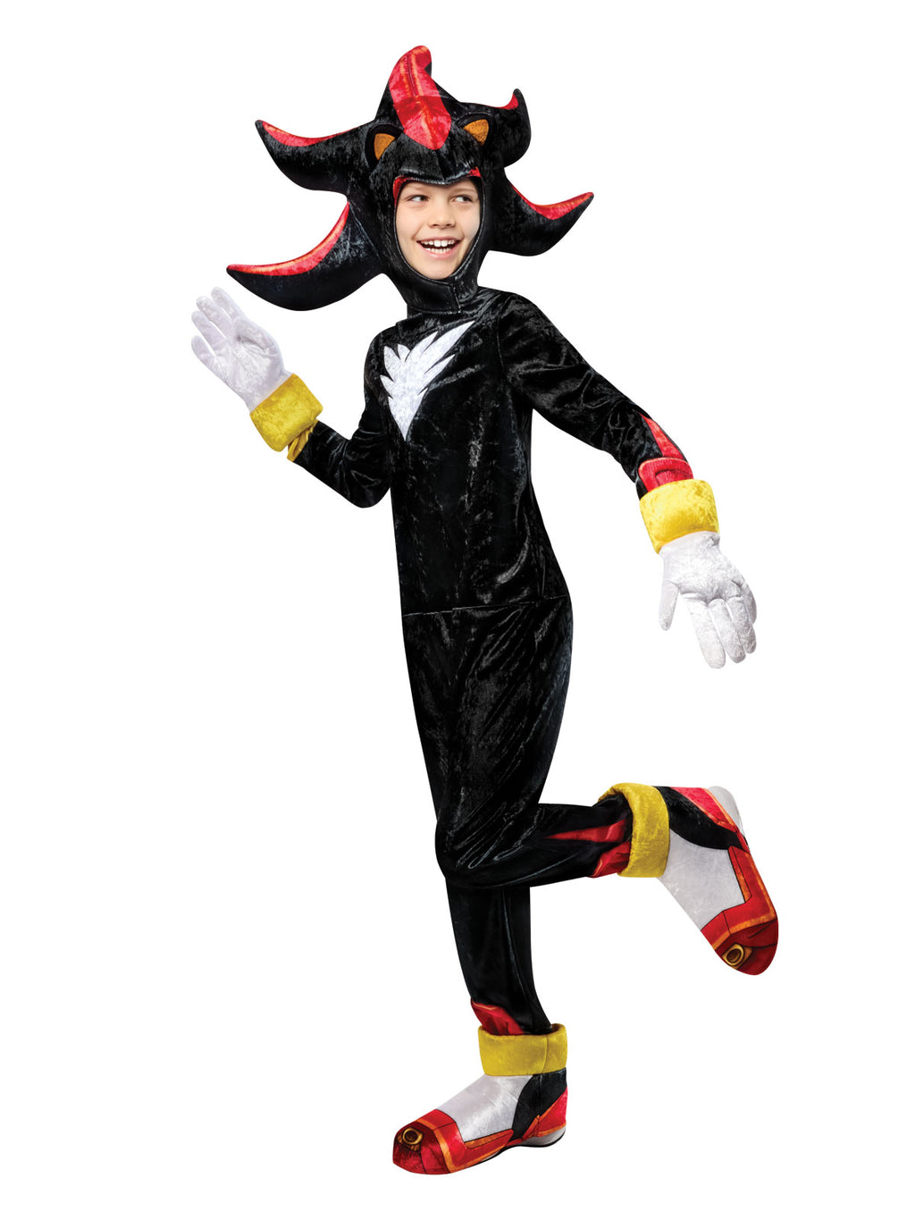 Boy wearing the Shadow the Hedgehog deluxe costume, one foot raised to show the red boot tops