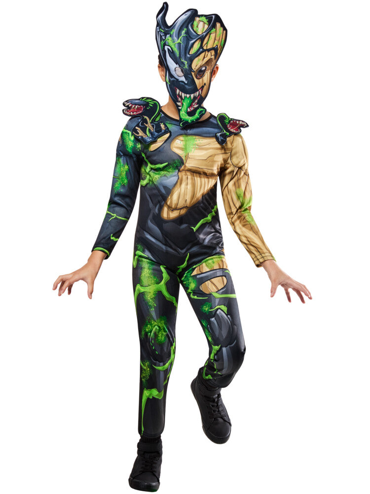 Child in the venomized Groot muscle jumpsuit with 3D branches on the arms and shoulders