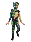 Child in the venomized Groot deluxe costume with a black and green branch jumpsuit and oversized head