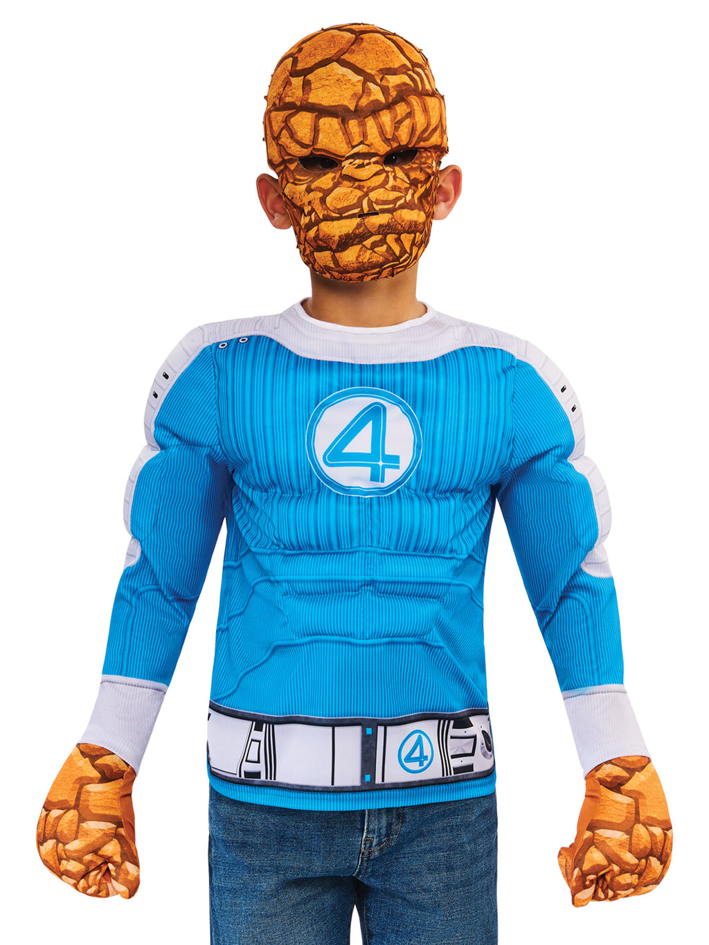Boy wearing The Thing padded muscle top with 4 emblem, rock mask and printed gloves