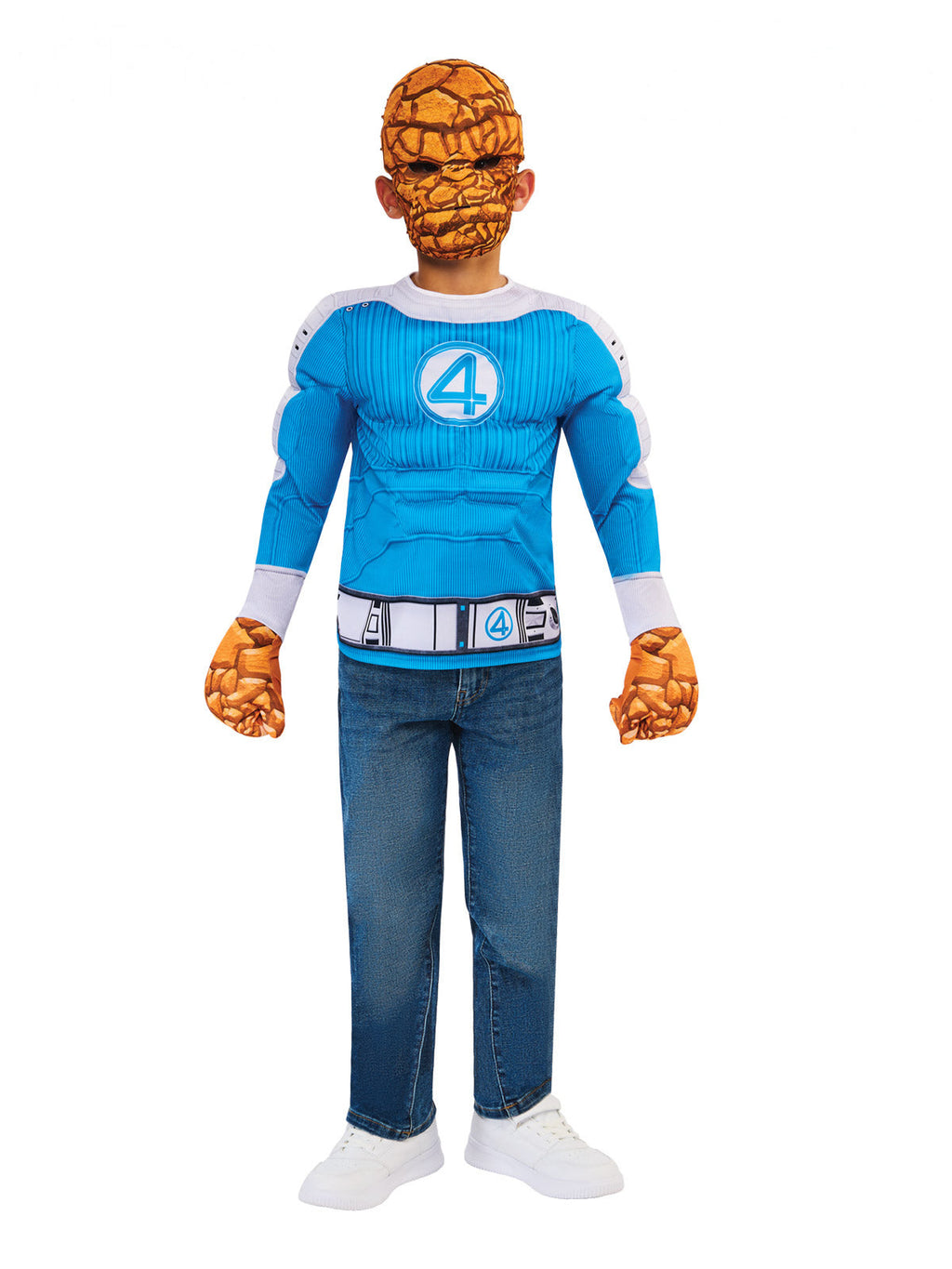 Boy in a Fantastic Four The Thing blue muscle top with rocky orange mask and gloves (jeans not included)