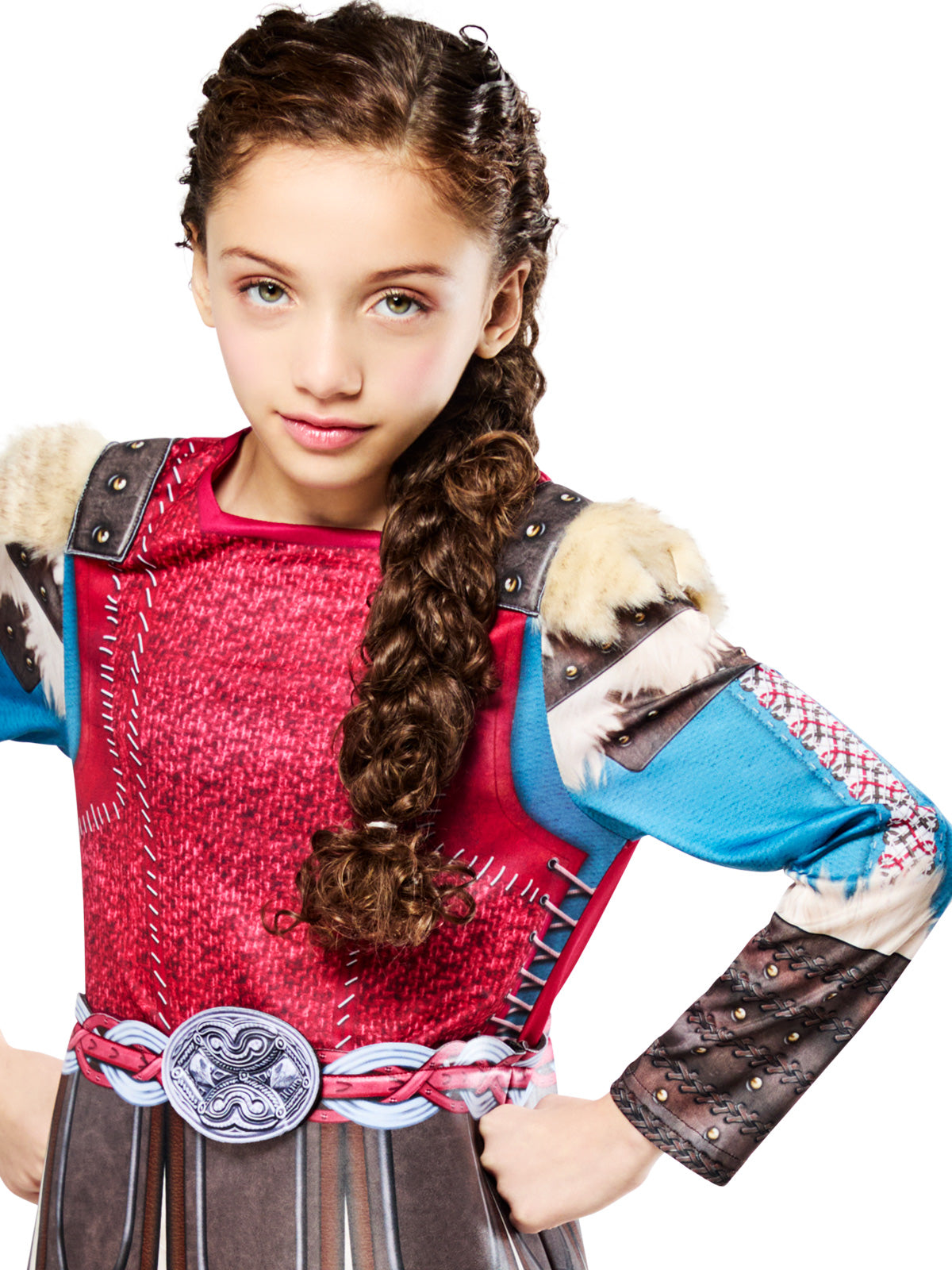 Close-up of the Astrid jumpsuit's red scale-print bodice and faux fur shoulder detail