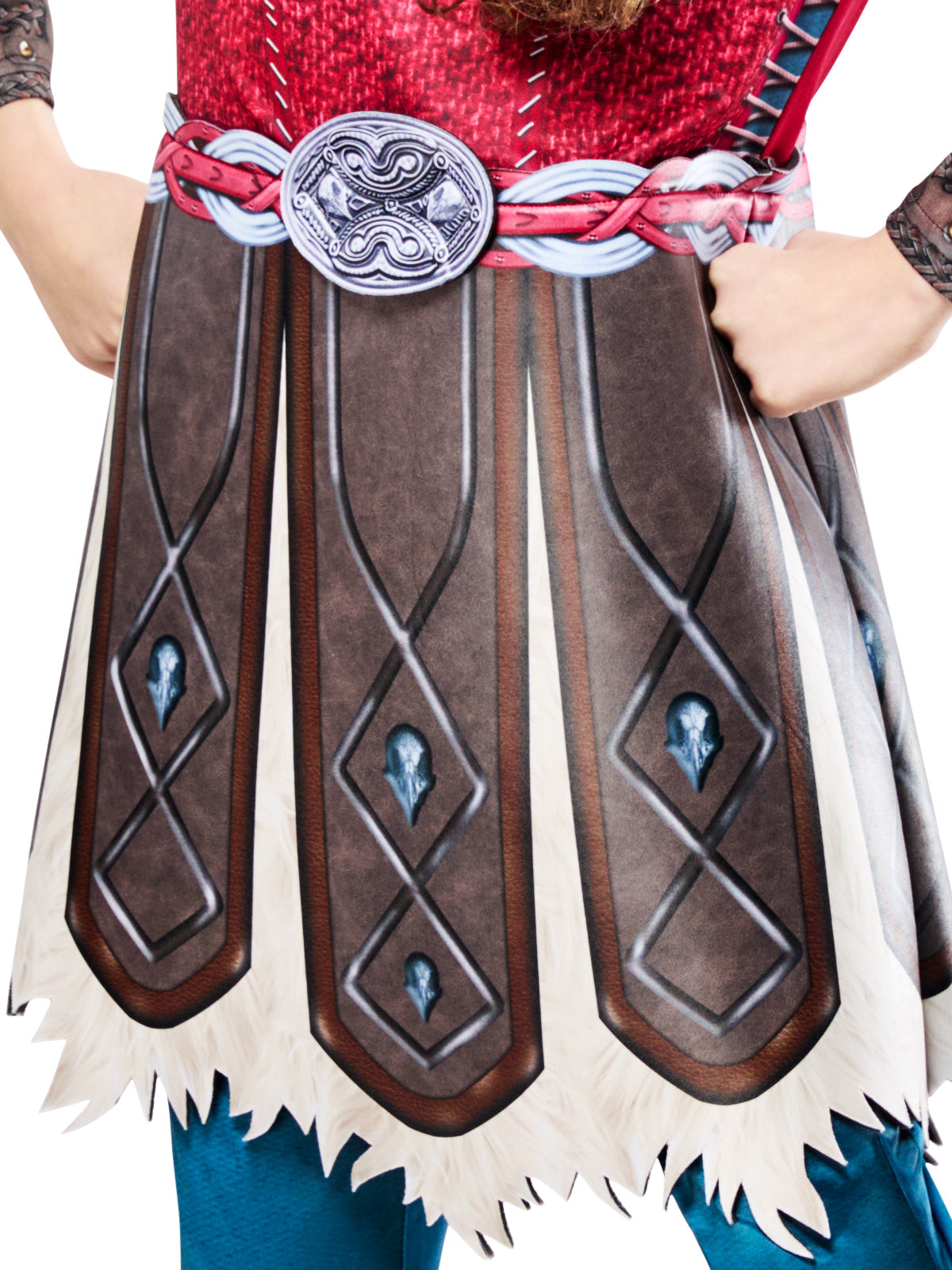 Close-up of the Astrid battlesuit's printed armour skirt overlay with tattered edging and belt