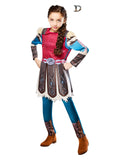 Girl wearing an Astrid How To Train Your Dragon battlesuit jumpsuit with printed armour, skirt overlay and faux fur shoulders