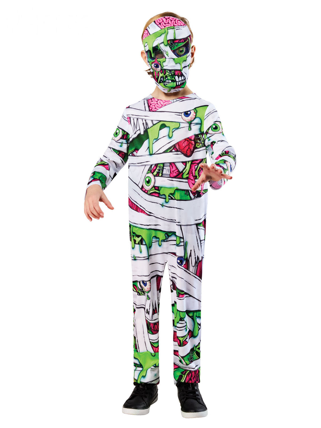 Child in the Pop Art Mummy jumpsuit with printed bandage wraps, slime and eyeballs, and bandage snood