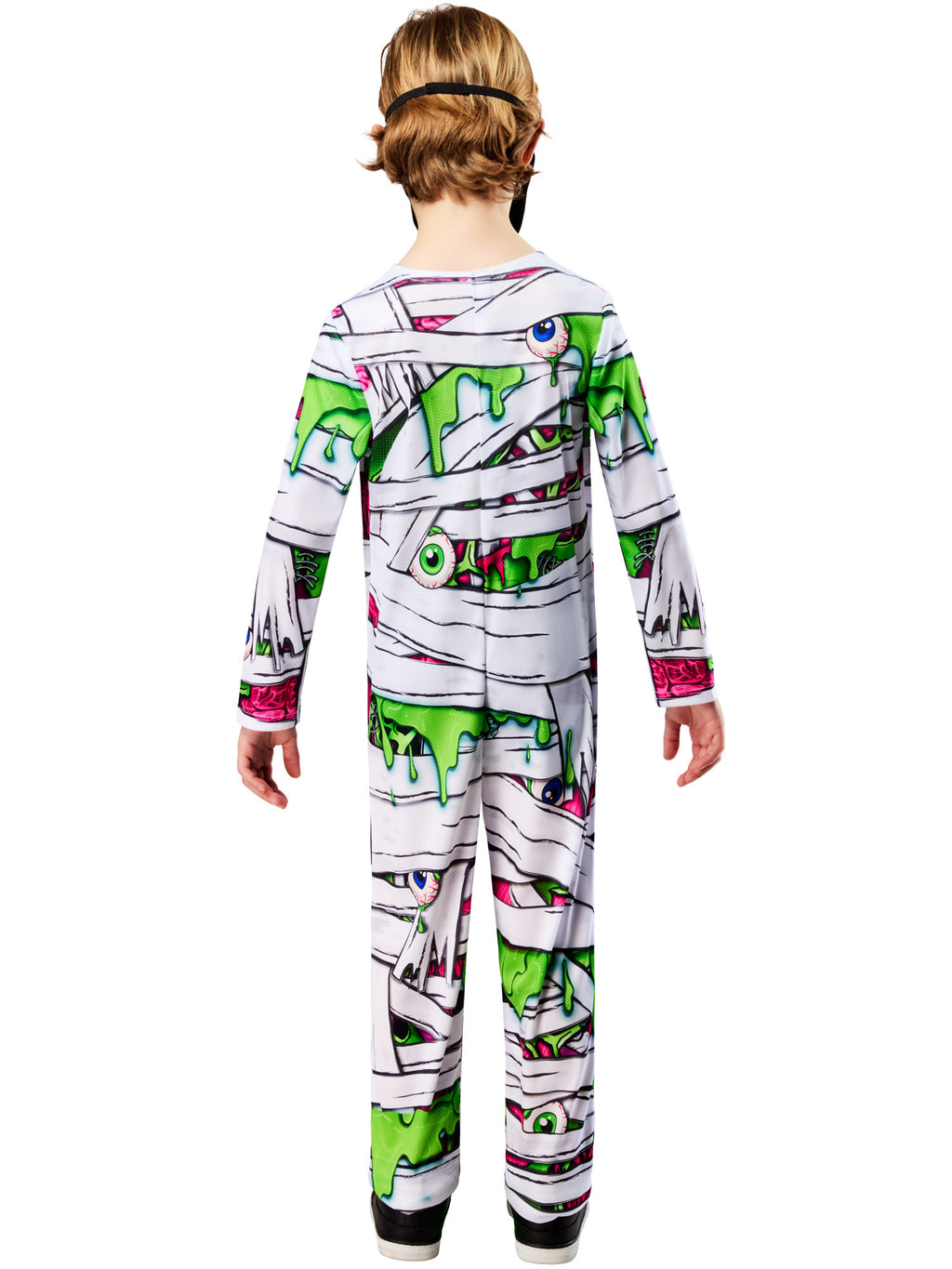 Back view of the Pop Art Mummy jumpsuit with green slime print and bandage wraps