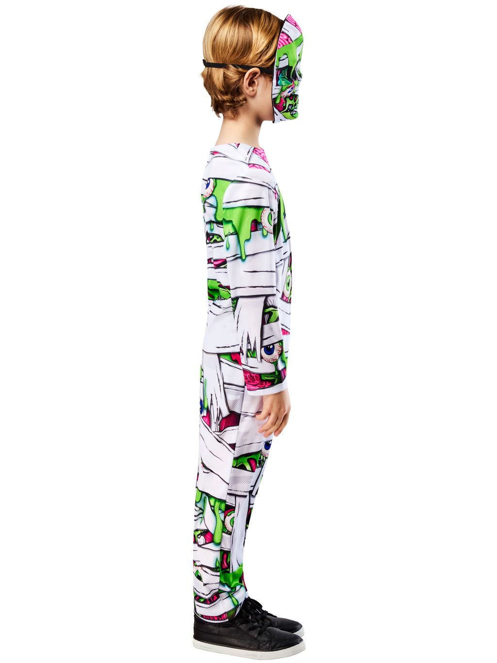 Side view of the Pop Art Mummy jumpsuit with printed bandage wraps and snood